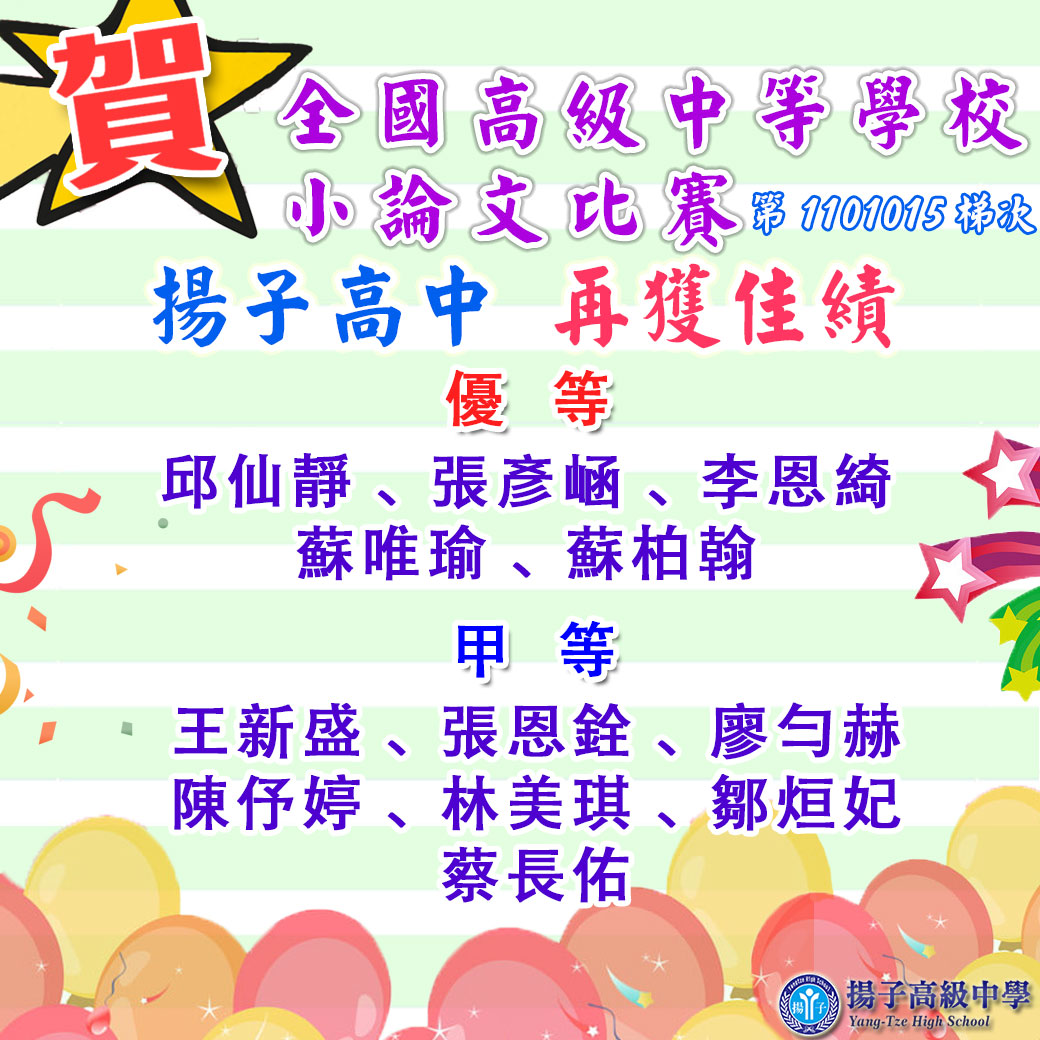 賀 - 110學年度全國高級中等學校小論文比賽1101015梯次 再獲佳績